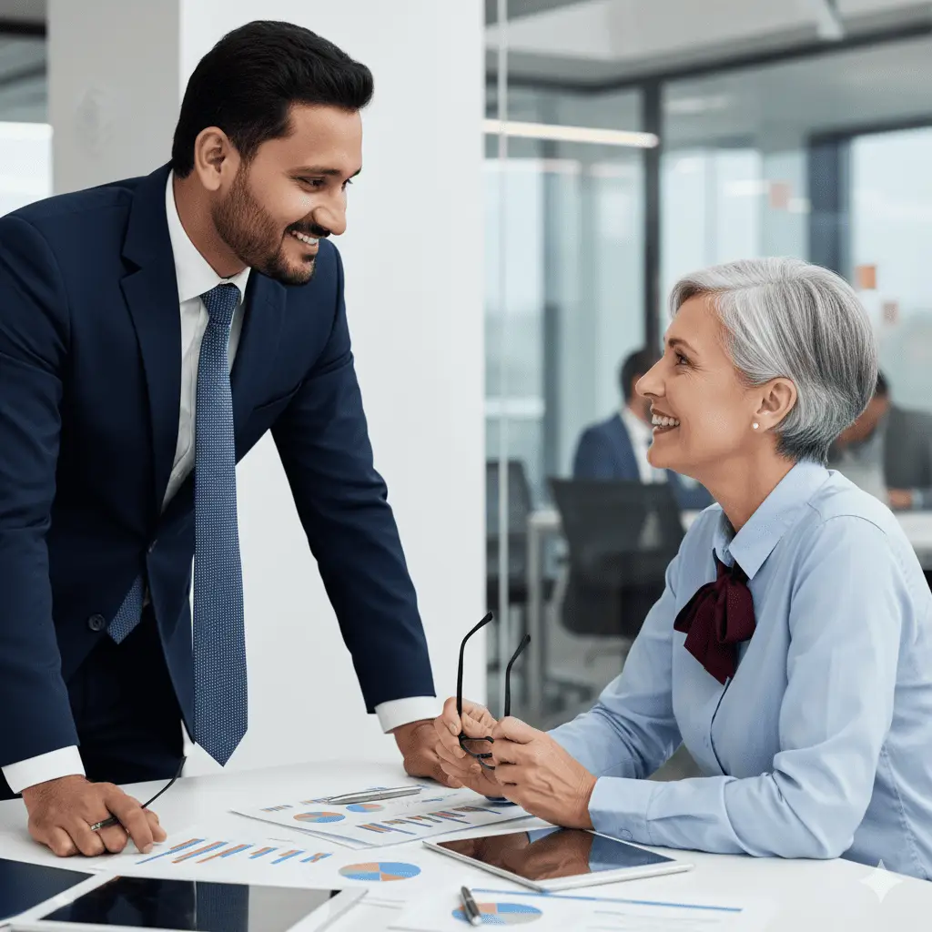 A professional accountant and a businesswoman discussing financial reports and growth strategies in a modern office environment.