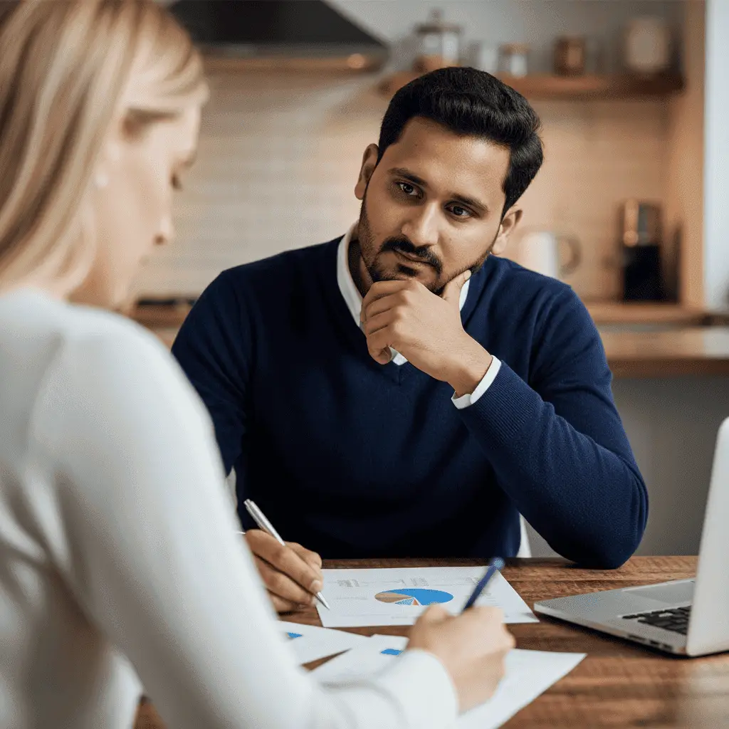 Professional accountant discussing financial reports with a client during a bookkeeping consultation.